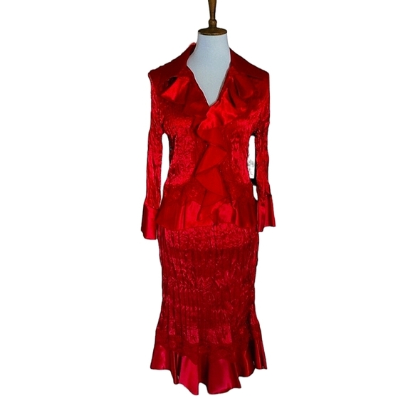 Vintage - Robbie Bee Red Satin and Lace Ruffle Two Piece Skirt Set - Picture 1 of 7